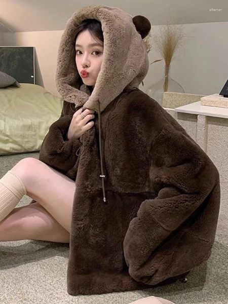 Frauen Pelz Kawaii Plüsch Jacke Frauen Winter Koreanische Mode Mit Kapuze Jacken Weibliche Warme Dicke Bär Ohr Faux Mantel Casual lose Strickjacken