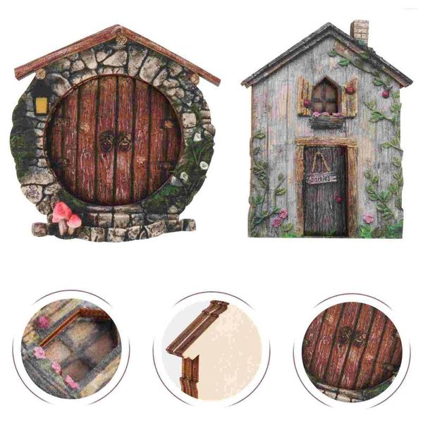 Decorações de jardim 2 pcs fada elfo porta árvore decoração miniatore madeira casa de bonecas janelas em miniatura artesanato adorno
