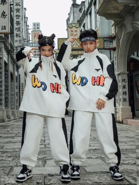 Palco desgaste crianças hip hop trajes de dança para meninas branco solto hiphop terno meninos jazz desempenho mostra rave clotehs dqs14464