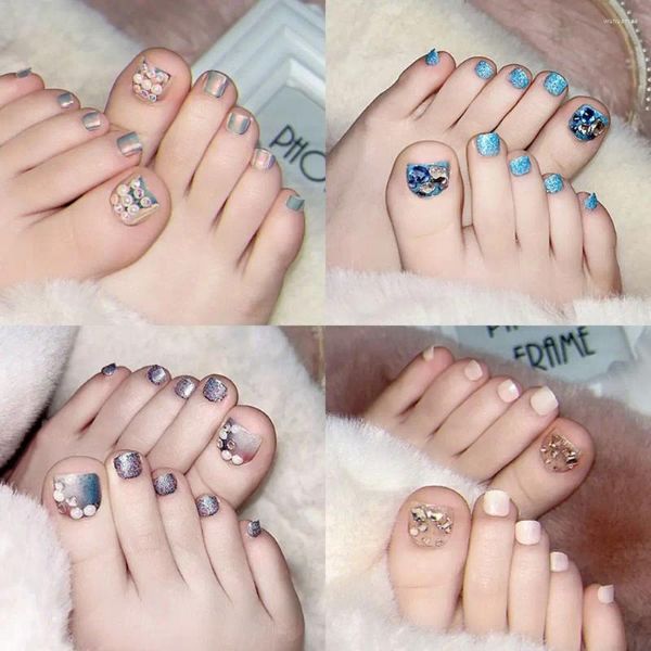 Unhas Falsas 24 pcs Aurora Dazzle Glitter Lantejoulas Unhas Falsas Cobertura Completa Curto Quadrado Toe Pé Dicas para Mulheres Meninas