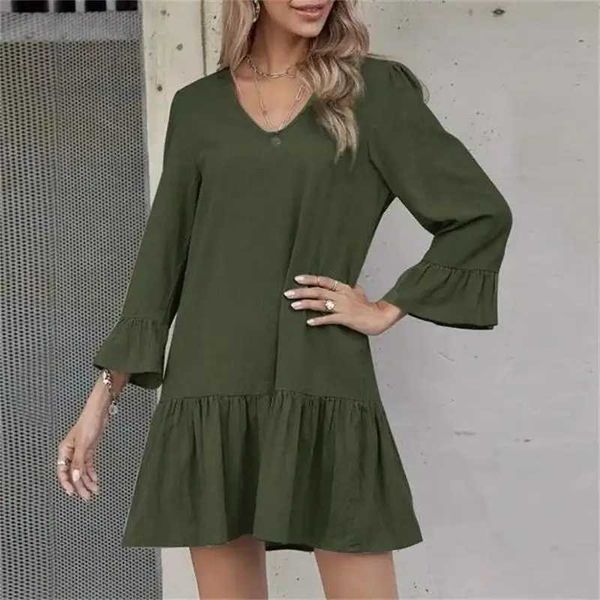 Urban Sexy Kleider Damen Einfarbiges Kleid Dame Lose Übergroßes Rüschen-Sommerkleid Lässiges V-Ausschnitt Langarm A-Linie Baumwollleinen Dresses9ARO