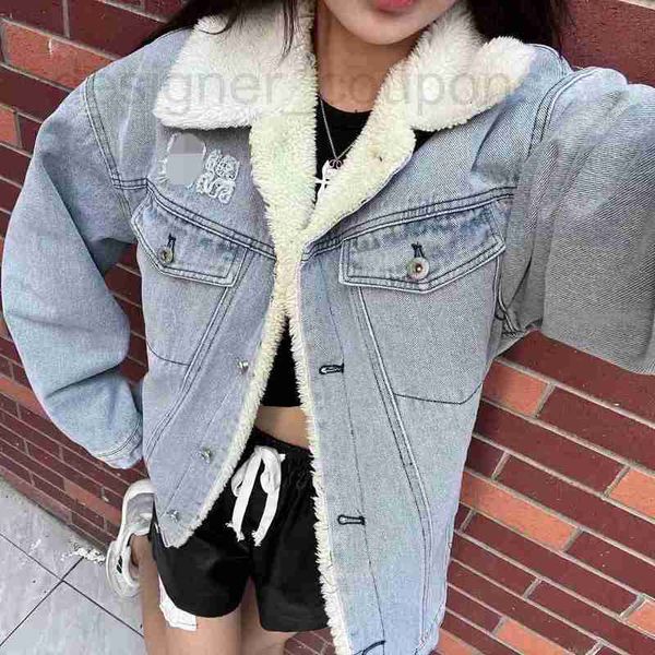 Jaquetas femininas designer de luxo Miao Jiadong estilo lapela lã de cordeiro espessada jaqueta jeans solta quente para homens e mulheres, mesmos casais cardigan 9KVN