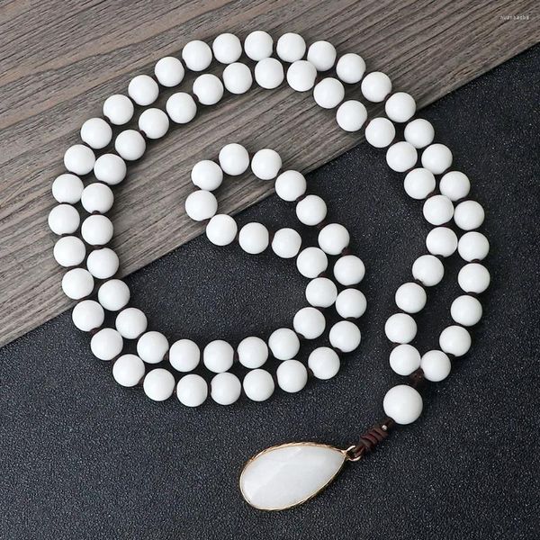 Strang 108 Mala Weißes Porzellan Perlenarmband Gebet Heilung Wassertropfen Anhänger Halskette Damen Herren Elastische Armreifen Schmuck Geschenk