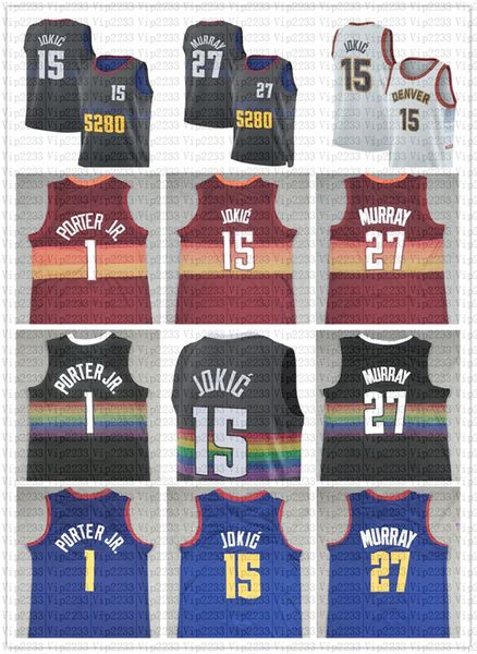 Nikola Jamal Murray Jokic Camisa de basquete Michael Porter Jr. Carmelo Anthony Allen Iverson Aaron Gordon Dikembe Mutombo City Blue Retro Shirt 1 15 27