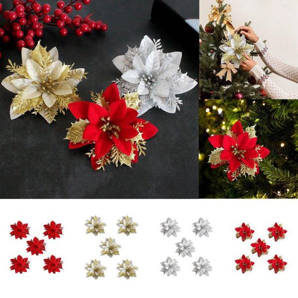 Fiori decorativi natalizi in oro e argento rosso a tre strati per albero artificiale, mamma