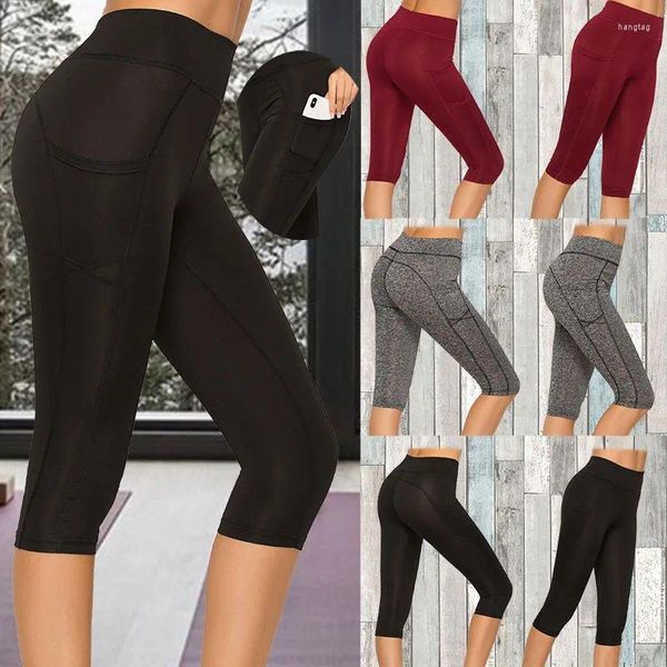 Leggings femininas mulheres colheita com bolso feminino esporte fitness treino cintura alta curto sólido magro push up calças calças