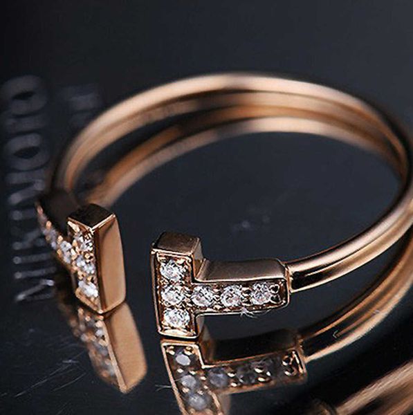 Anéis de banda 18K duplo em forma de T aberto em ouro rosa masculino e feminino anel casal anel de diamanteYOC0