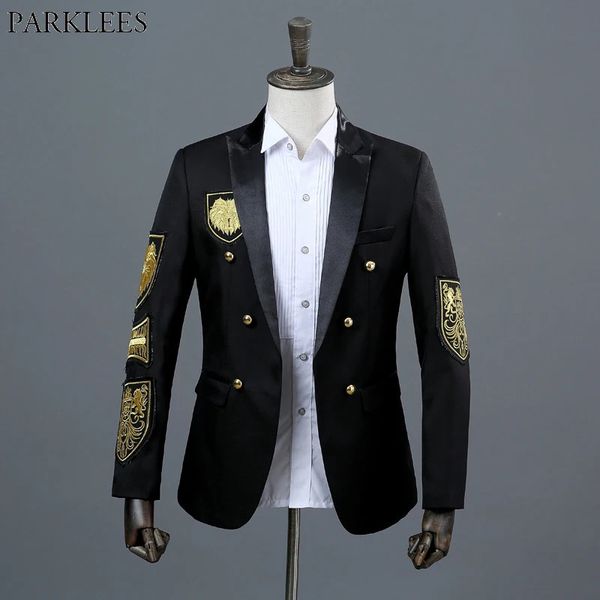 Abiti da uomo Blazer Medaglia d'oro Ricamo Abito nero Blazer da uomo Doppio petto Giacca militare Stage Prom Show Cantante Costume Homme Xxl 231109