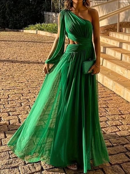 Vestidos casuais zoctuo verde solto vestido formal mulheres diagonal ombro split manga longa plissada robe sexy cintura recorte elegante noite