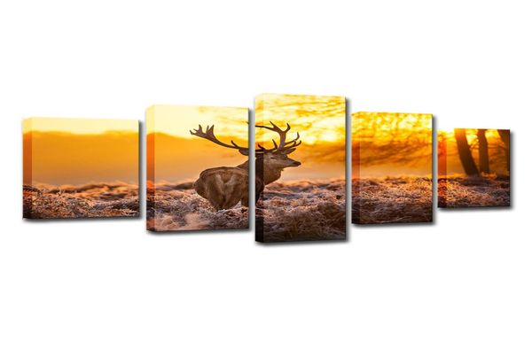 Pôr do sol floresta paisagem lona arte da parede decoração fotos pintura de cervos para o quarto sala de estar sem moldura4278252