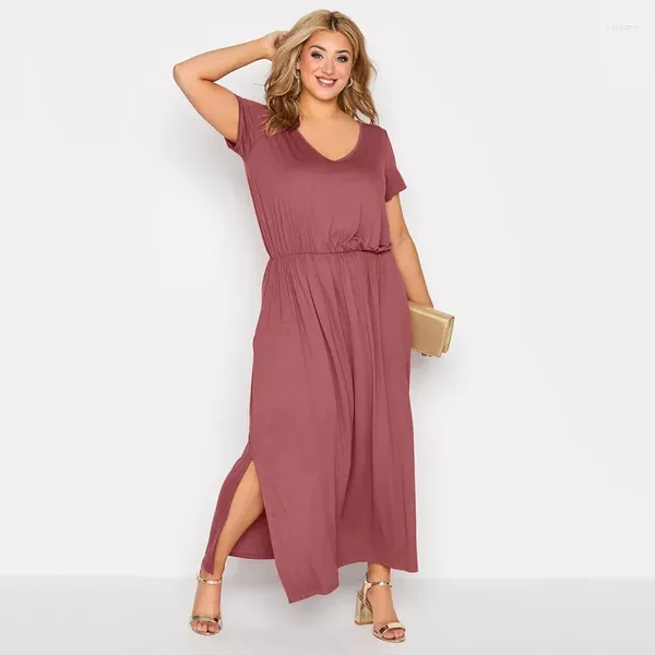 Plus size vestidos com decote em v elegante verão vestido casual manga curta cintura elástica maxi reta divisão lado fim de semana praia 7xl