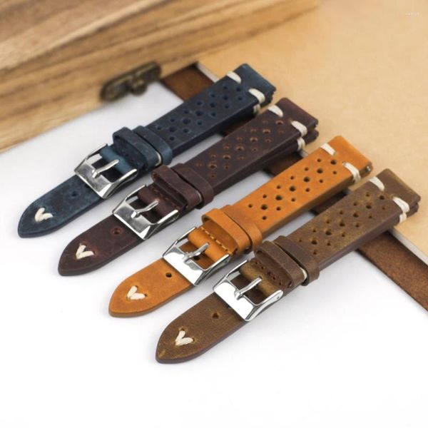 Assista Bandas Retro Crazy Horse Leather Watchband 17mm 18mm 19mm 21mm Genuíno Poroso Respirável Mão Costura Strap Substituição