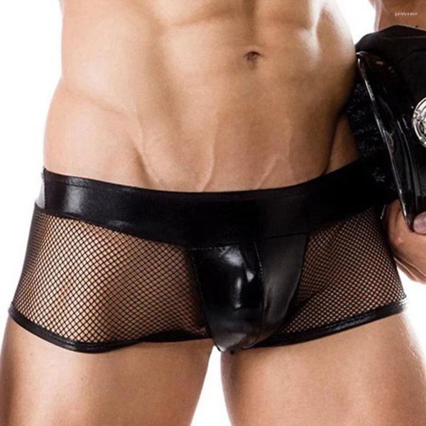 Cuecas moda homens sexy faux couro boxers fishnet óleo brilhante oco troncos preto malha nightclub respirável briefs roupa interior erótica