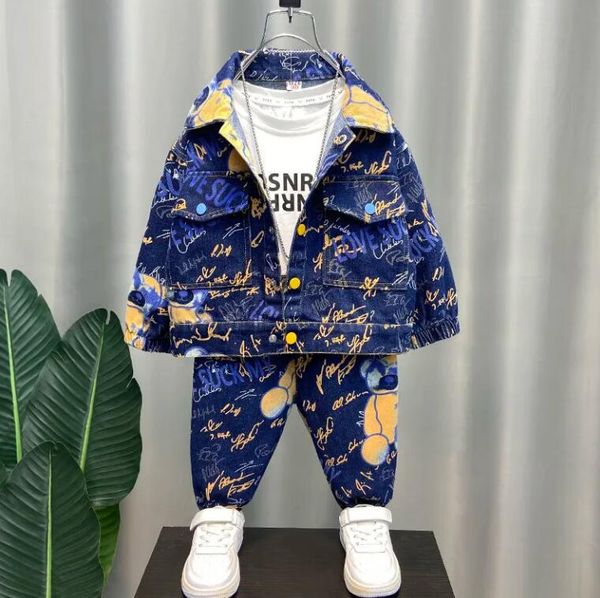 Çocuk Tasarımcı Giysileri Erkek Kız Giyim Setleri Ayı Kot Ceket Denim Pantolon Çocuk Ceket