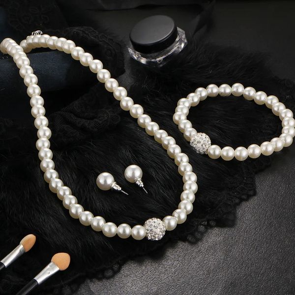 Stud elegante moda mulheres noiva casamento jóias conjunto para mulheres strass falso pérola colar pulseira brinco festa 231109