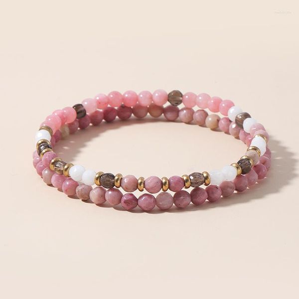 Strand oaiita 2 PCs/set Natural Facetado Rhodonite White Jade Stone Bracelet Pink Breads Charm Bangle Jóias de ioga para mulheres