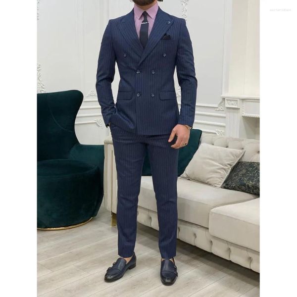 Ternos masculinos moda para homens listra azul marinho duplo breasted lapela repicado fino ajuste luxo blazer terno roupas 2 peça jaqueta calças