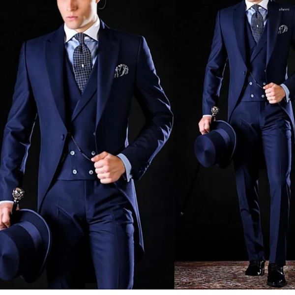 Ternos masculinos 2023 homens smoking longo casaco elegante único breasted pico lapela azul marinho três peças jaqueta calças colete formal terno