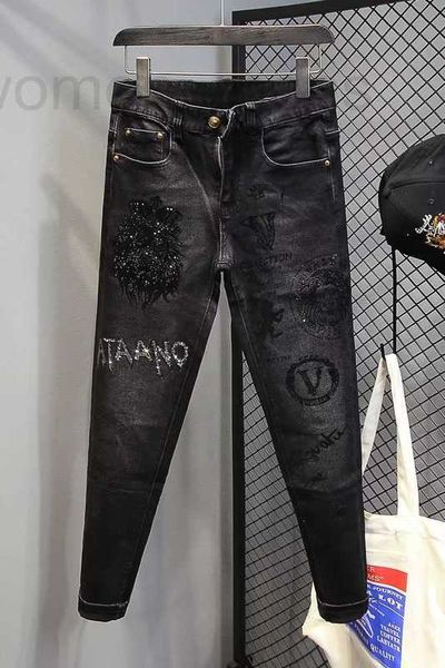 Herrenjeans Designer Frühling und Herbst Neue Modemarke für Männer Schwerindustrie Hot Diamond Printing Elastic Fit Vielseitige schwarze Hosen HRM5