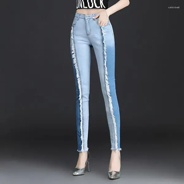 Calças de brim femininas primavera outono 2023 na moda coreana borla cintura alta magro ajuste lápis calças algodão denim painel