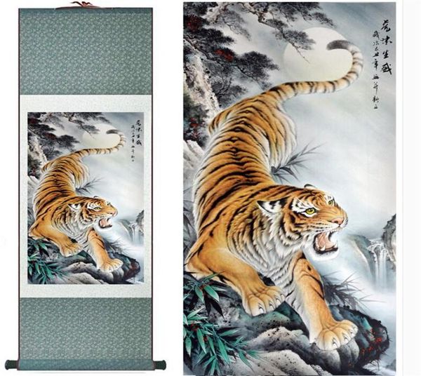Tiger-Gemälde, traditionelle chinesische Kunst, Malerei, Heimbüro-Dekoration, Seidenrolle, Kunst, Tiger-Gemälde1906141510209g3498457