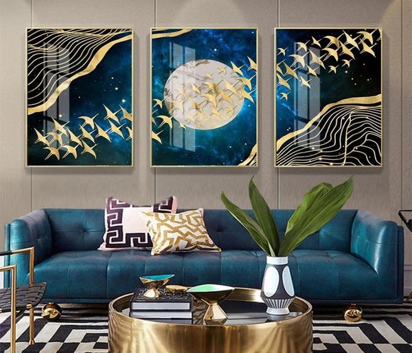 Абстрактная настенная живопись на холсте Синяя Золотая Луна Горные птицы Плакаты на скандинавскую тему печатает настенные картины для гостиной Современный дом 4072050