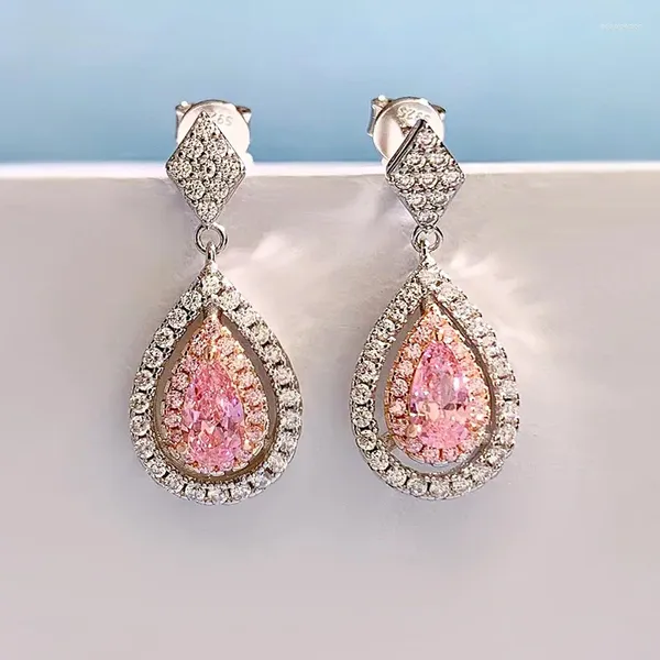 Brincos elegantes pequenos frescos em forma de pêra diamante rosa 4 7 mm brincos 925 prata simples luz luxo