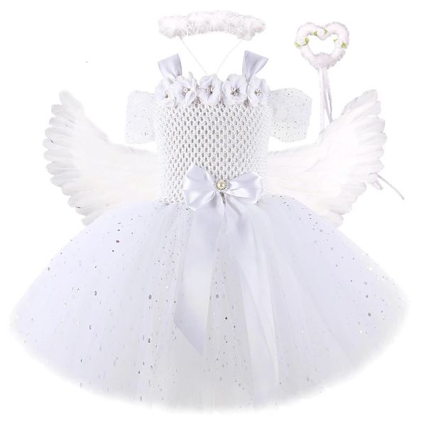 Mädchenkleider Funkelnde weiße Engelskostüme für Mädchen Weihnachten Halloween Kleid für Kinder Blumenfee Tutu Outfit mit Flügeln Set Mädchenkleidung 231109