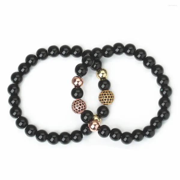 Strand 1 pz 10mm Rame Intarsiato Zircone Placcato Oro Reale Borda il Braccialetto Nero Agate Rotonda di Pietra Naturale Per Le Donne regalo dei monili