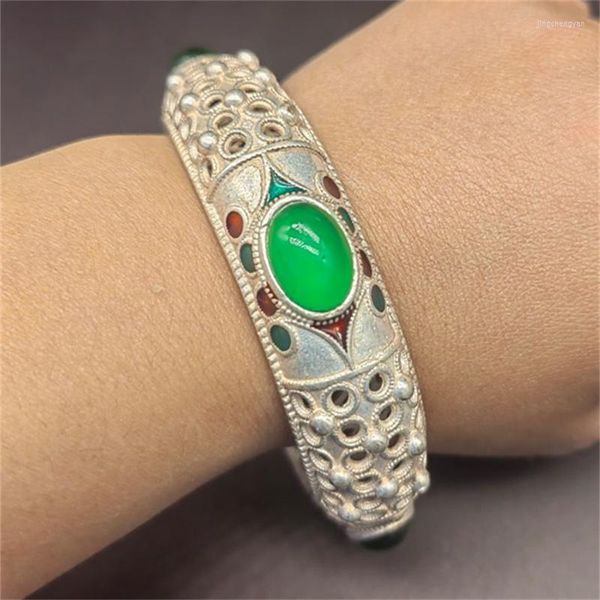 Armreif JiaLe/China Nachahmung Antik Tibetisches Silber Intarsien Grüne Jade Armreifen Mode Accessoires Edlen Schmuck Männer Frauen Paar Geschenk