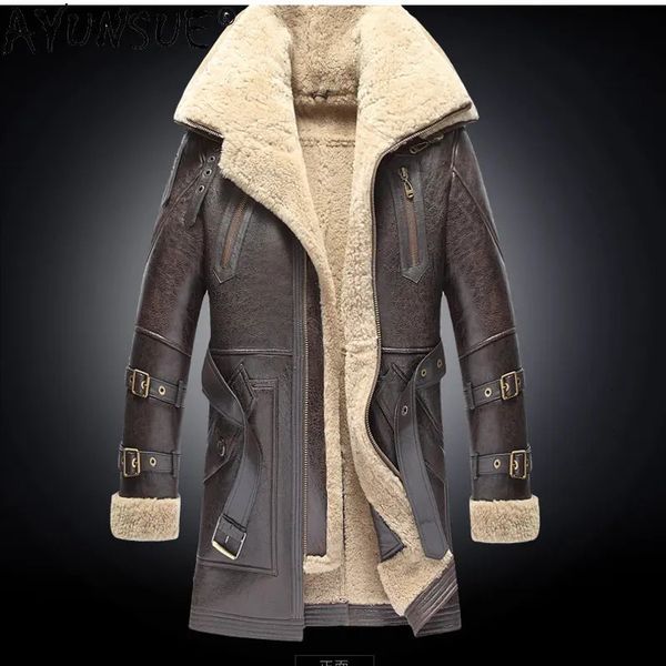 Casacos de pele de carneiro genuínos masculinos, casacos de pele de carneiro natural com gola dupla grossa, jaqueta de inverno longa 231108