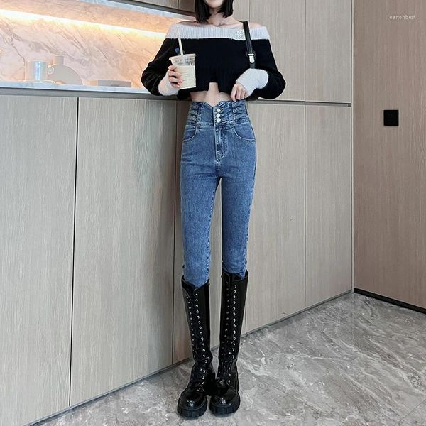 Jeans da donna TFETTERS Pantaloni a matita a tre petti skinny a vita alta moda autunno e inverno attillati