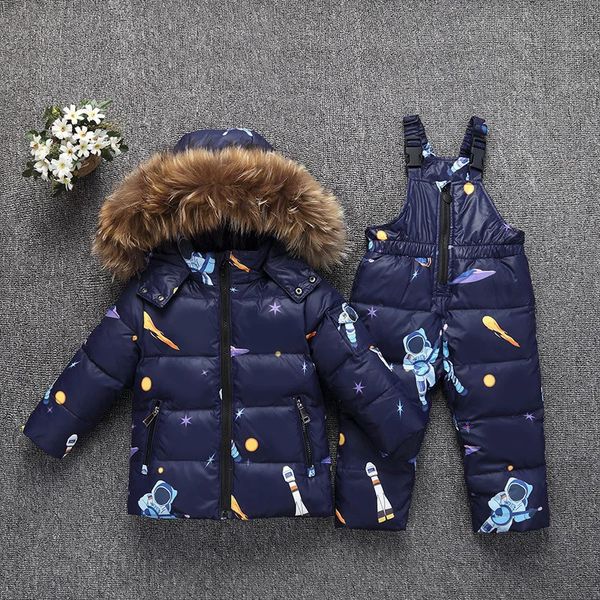 Para baixo casaco parka com capuz menino bebê macacão menina inverno para baixo jaqueta quente crianças casaco crianças snowsuit roupas de neve meninas falso pele roupas conjunto 231108