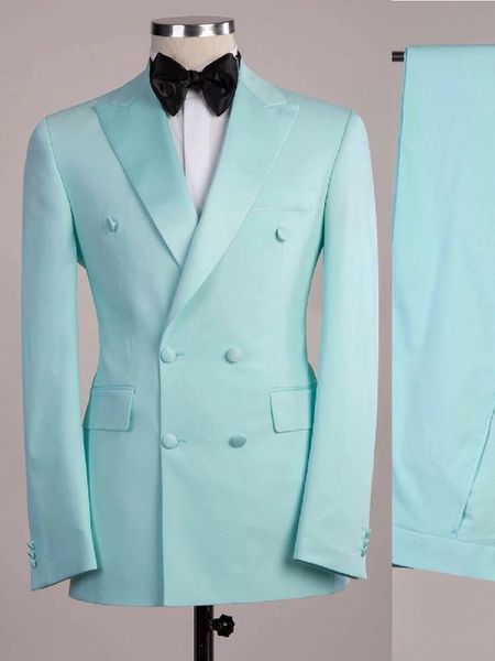 Abiti da uomo Blazer Abito da uomo 2 pezzi Giacca causale Pantaloni Blu brillante Doppiopetto in raso di poliestere Abbigliamento da lavoro Matrimonio Business Su misura