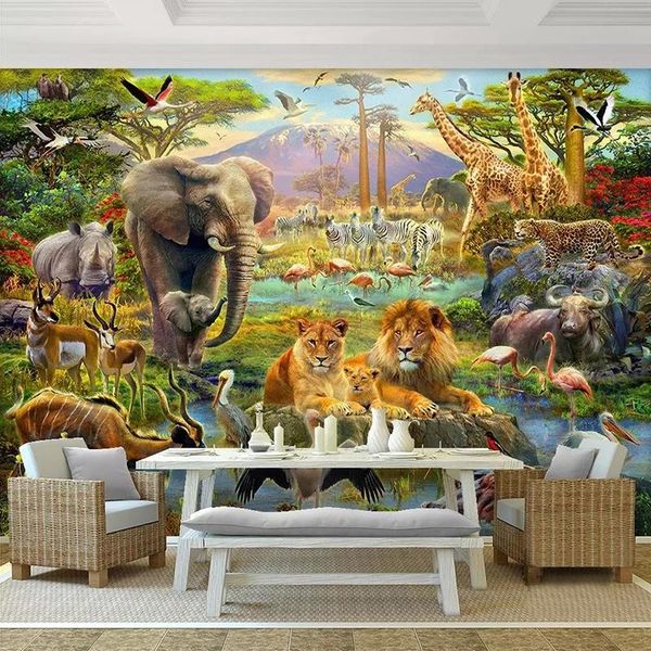 Papéis de parede personalizados 3D PO Wallpaper Murais Cartoon Forest Animal World Kids Kids Bedroom Sala de estar Elefante Lion Mural 5D