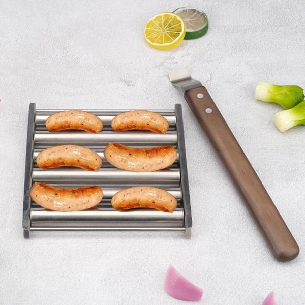 Werkzeuge BBQ Grill Tablett Hund Roller Regal Edelstahl Wurst Rack Mit Griff Grills Picknick Roll Griller