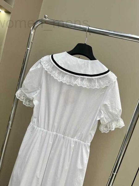 Vestidos Casuais Básicos Designer Verão Novo Miu Nanyou Gaoding Academia Estilo Doce e Idade Reduzindo Borda de Renda Bolha Manga Curta Vestido Pescoço Marinho 6VCO