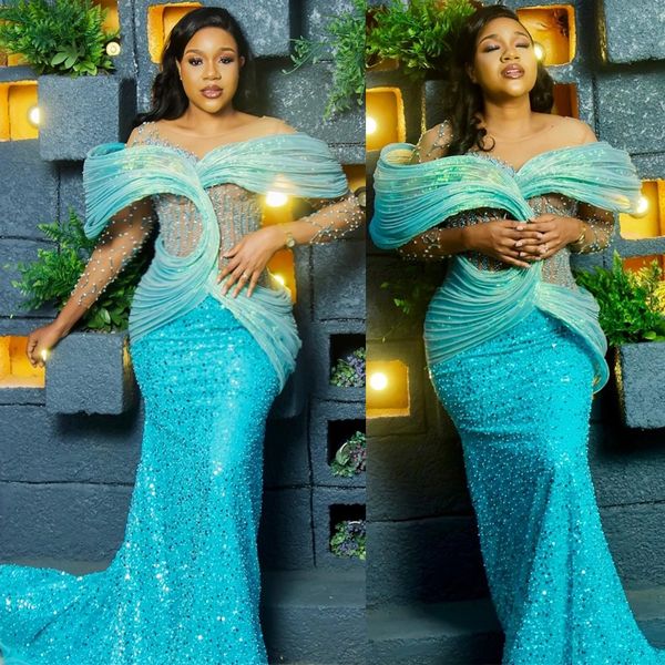 Sky Blue Glitter Aso Ebi Meerjungfrau Ballkleider Porträt Lange Ärmel Tüll Perlen Rehinestone Afrikanisches Sexy Abendkleid Kleider für den zweiten Empfang Party Club Formal