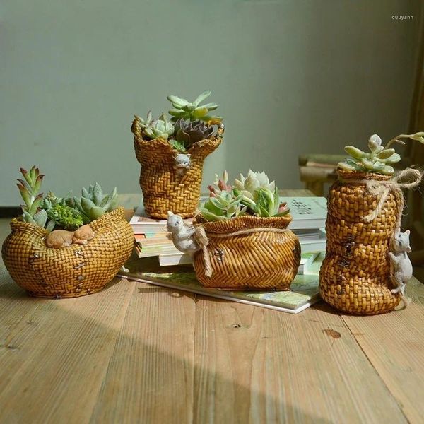 Decorações de jardim imitação de bambu tecido rattan animal pequena cesta resina suculenta vaso de flores estátua decoração móveis