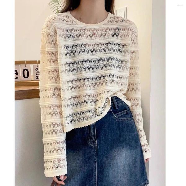 Damenpullover 2023 Herbst und Winter Frauen Pullover Pullover Langarm Hohl Lose Rundhals Strickwaren Sonnencreme Top Kurz Dünn