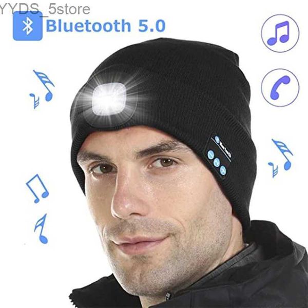 Cappelli da berretto/teschio Cappello invernale Donne Musica Bluetooth LED Cappello a maglia torcia Light Outdoor Cappello sportivo Uomini arrampicandosi in campeggio da campeggio berretto da campeggio YQ231108