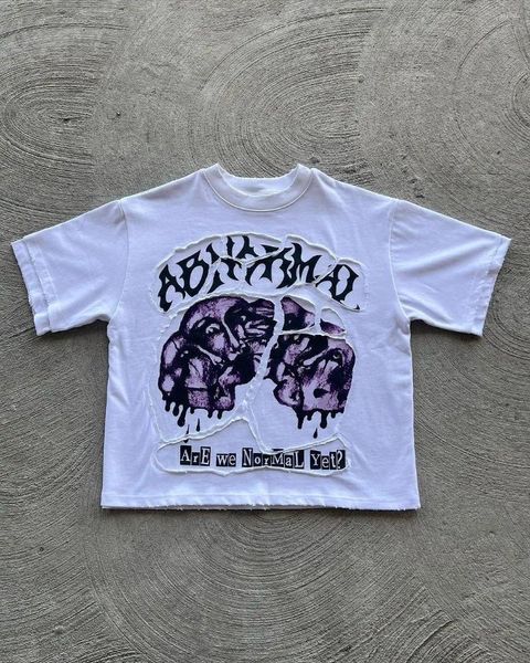 Erkek Tişörtleri Gotik Koyu Mektup Baskı Yıkılmış İçi Boş Yuvarlak Boyun T-Shirt Erkekler ve Kadınlar HARAJUKU PUNK SOKAK Y2K GOOD SAMEME ÇİFT