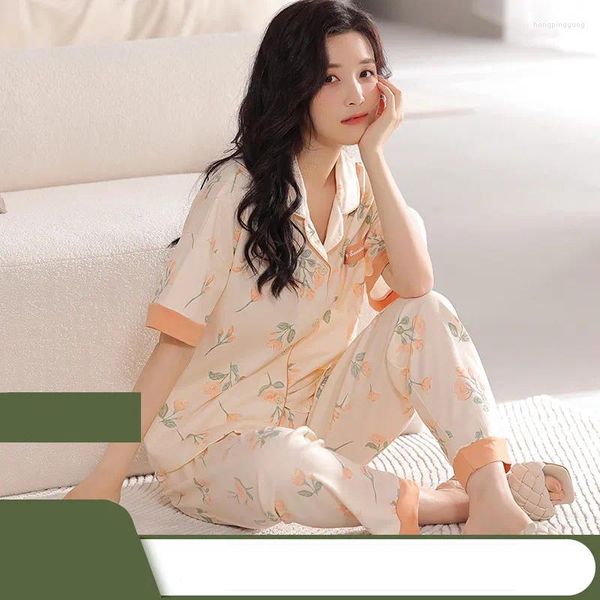 Kadın pijama Çin tarzı çiçek baskı reçine düğmeleri kadın pamuk gevşek nefes alabilen salon giyim moda pijama pijama setleri