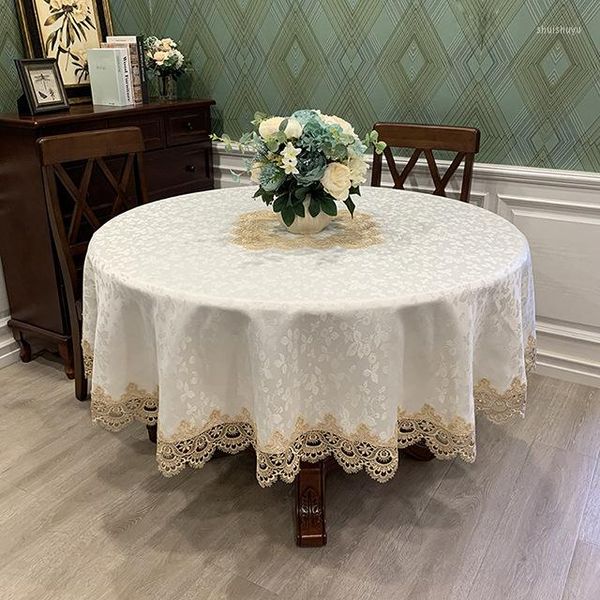 Tanta de mesa Luxo Round Round Lace Europeu Jacquard Satin Capa para toalha de mesa de móveis para banquetes de festas em casa