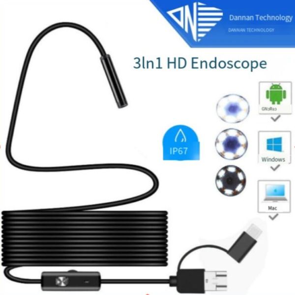 Periscopio 5M 6 LED Endoscopio Telecamera per ispezione serpente per iPhone Android iOS 3-in-1 telefono cellulare endoscopio per computer connettore tipo C endoscopio per tubo per auto