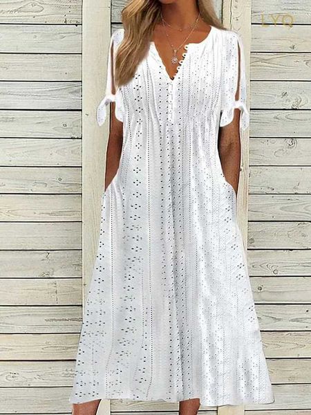 Vestidos sexy urbanos verão novo vestido feminino com oco para fora decote em v renda babados chique elegante longo pulôver cintura alta branco praia vestidos g3gg