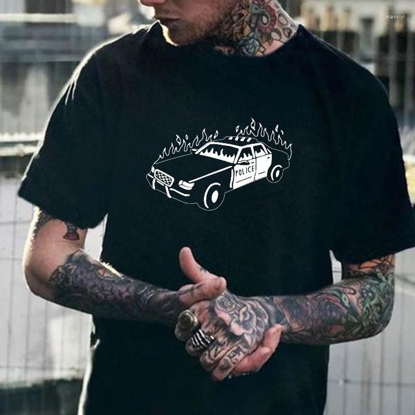 Camisetas masculinas de carros queimando homens de rua moda de moda masculino verão hip hop tshirt harajuku manga curta algodão camiseta grunge tops