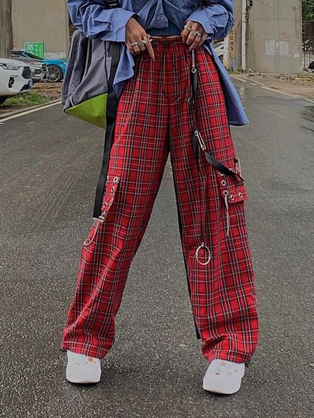 Pantaloni da donna s HOUZHOU Punk Cargo Plaid Pant Gotico Harajuku Pantaloni a gamba larga a quadretti rossi per donna Autunno Streetwear Hippie Fashion