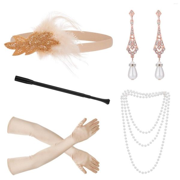 Collana Collana Orecchini Set Donna Vintage Gatsby Piuma Fascia Flapper Anni '20 Accessori per costumi Portasigarette Orecchino di perla Guanto
