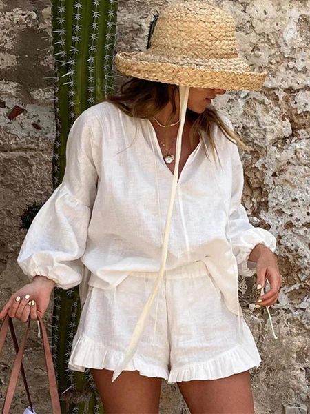 Tute da donna Foridol Camicia a maniche lunghe lanterna in cotone bianco Pantaloncini Set Casual Beach Autunno Primavera Ruffles Coulisse abbinata Allentata